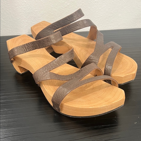 CYWOQ Rebel Size 39 Brown Leather Strappy Wooden Clog Sandals - Picture 1 of 15